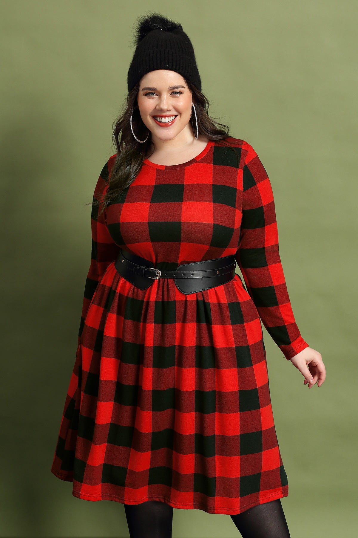 Christmas Crew Neck Plaid Elastic Waist Midi Dress