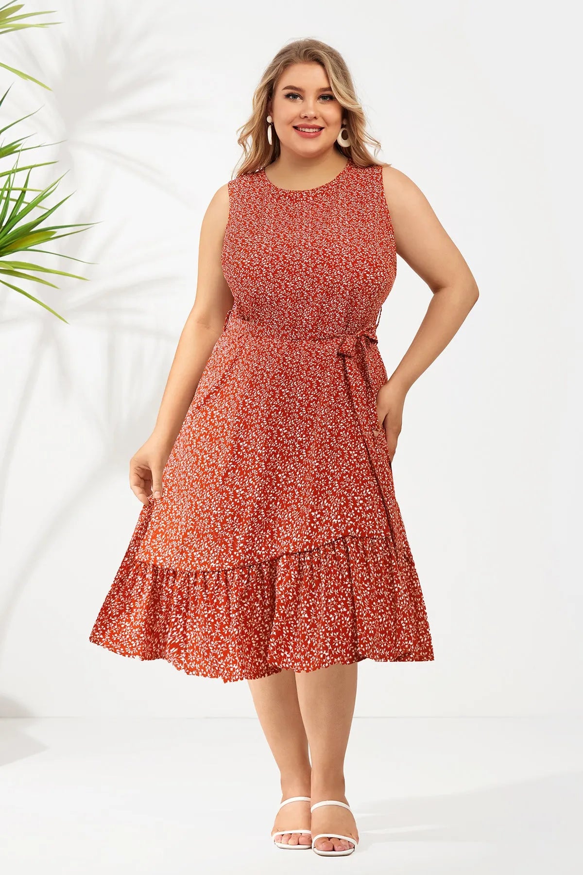 Floral Red Ruffle Hem Belted Midi Dress – RITERA