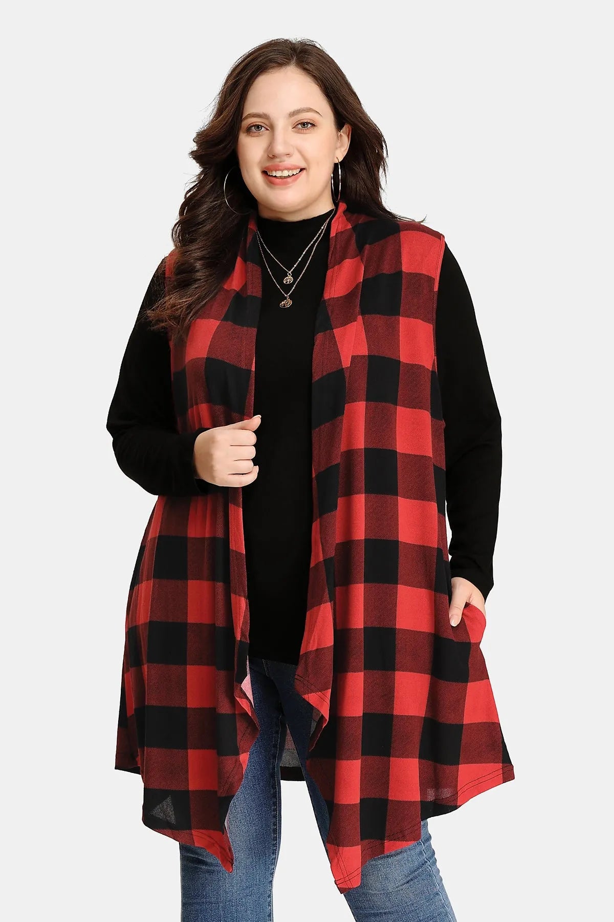 Plaid Black and Red Sleeveless Coat