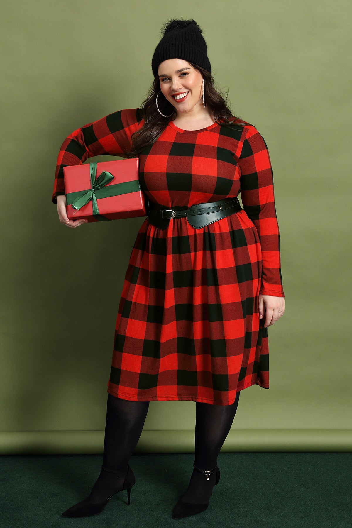 Christmas Crew Neck Plaid Elastic Waist Midi Dress