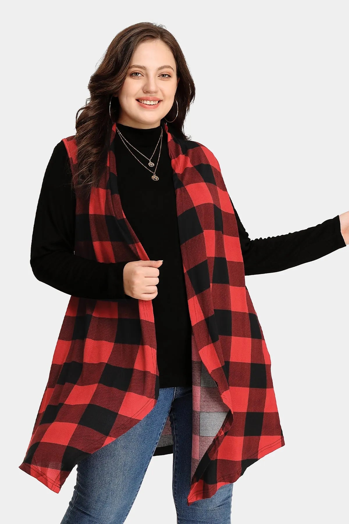 Plaid Black and Red Sleeveless Coat