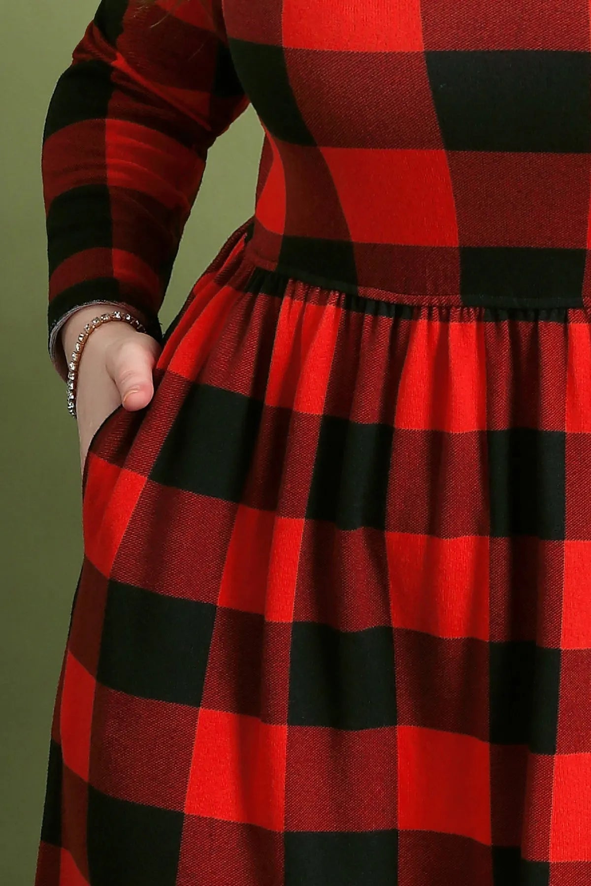 Christmas Crew Neck Plaid Elastic Waist Midi Dress