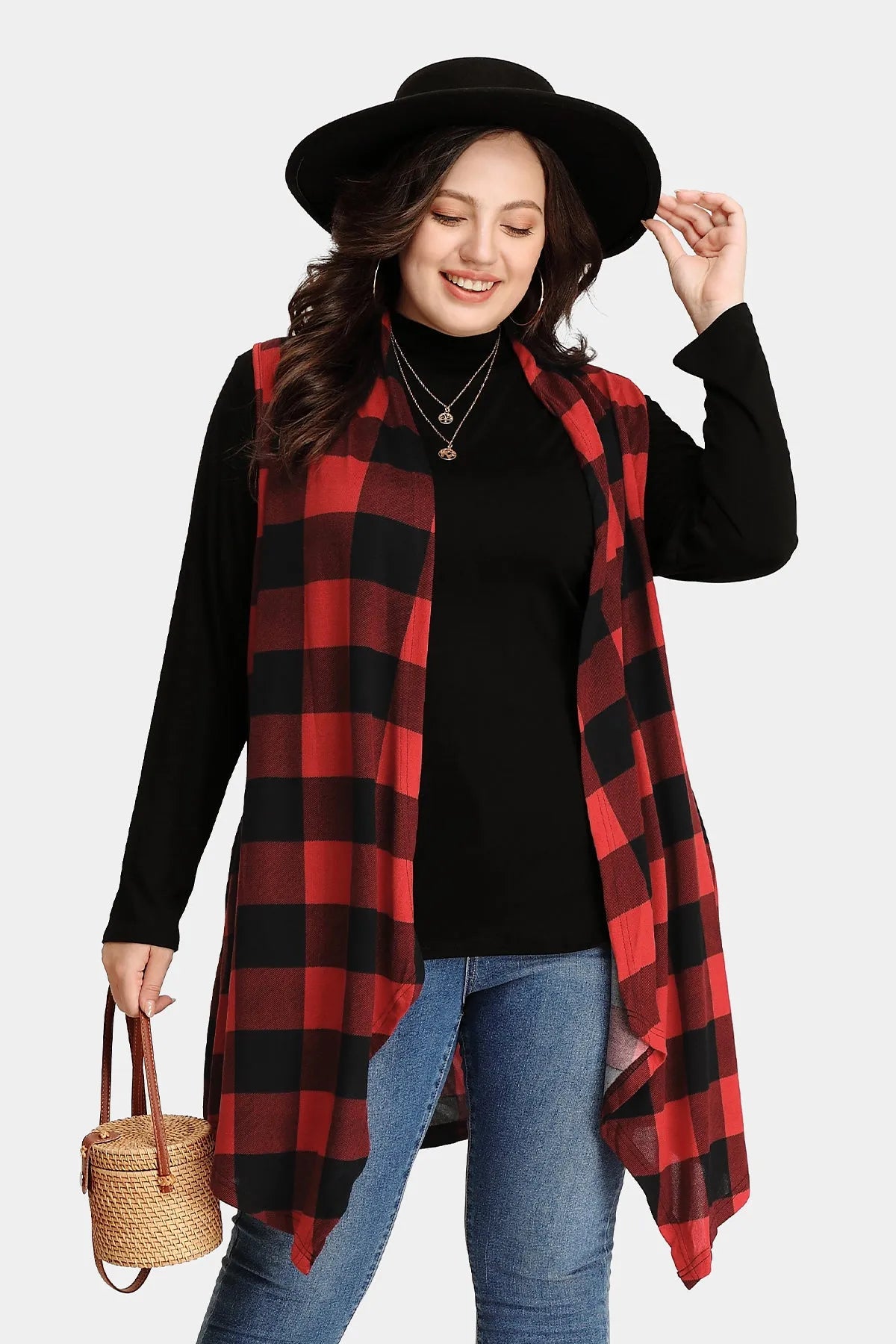 Plaid Black and Red Sleeveless Coat