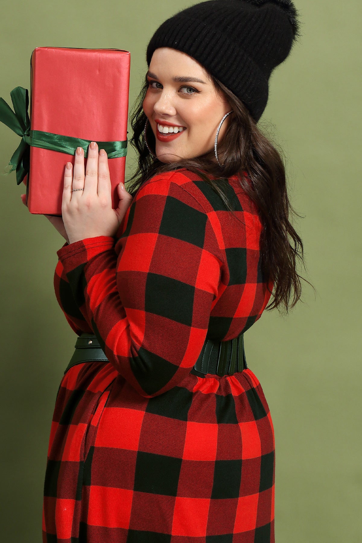 Christmas Crew Neck Plaid Elastic Waist Midi Dress