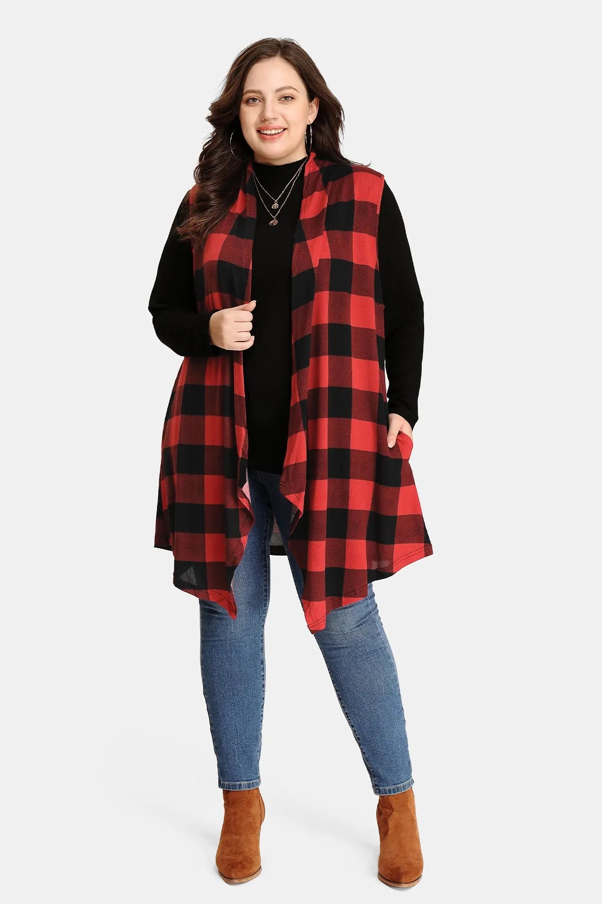 Plaid Black and Red Sleeveless Coat