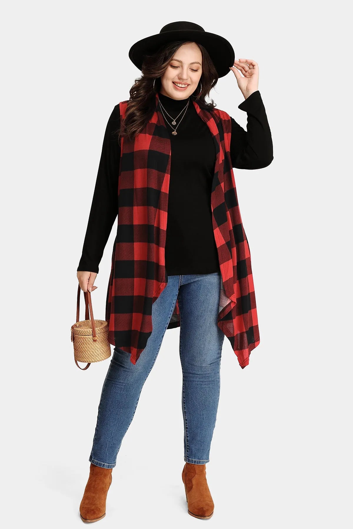 Plaid Black and Red Sleeveless Coat