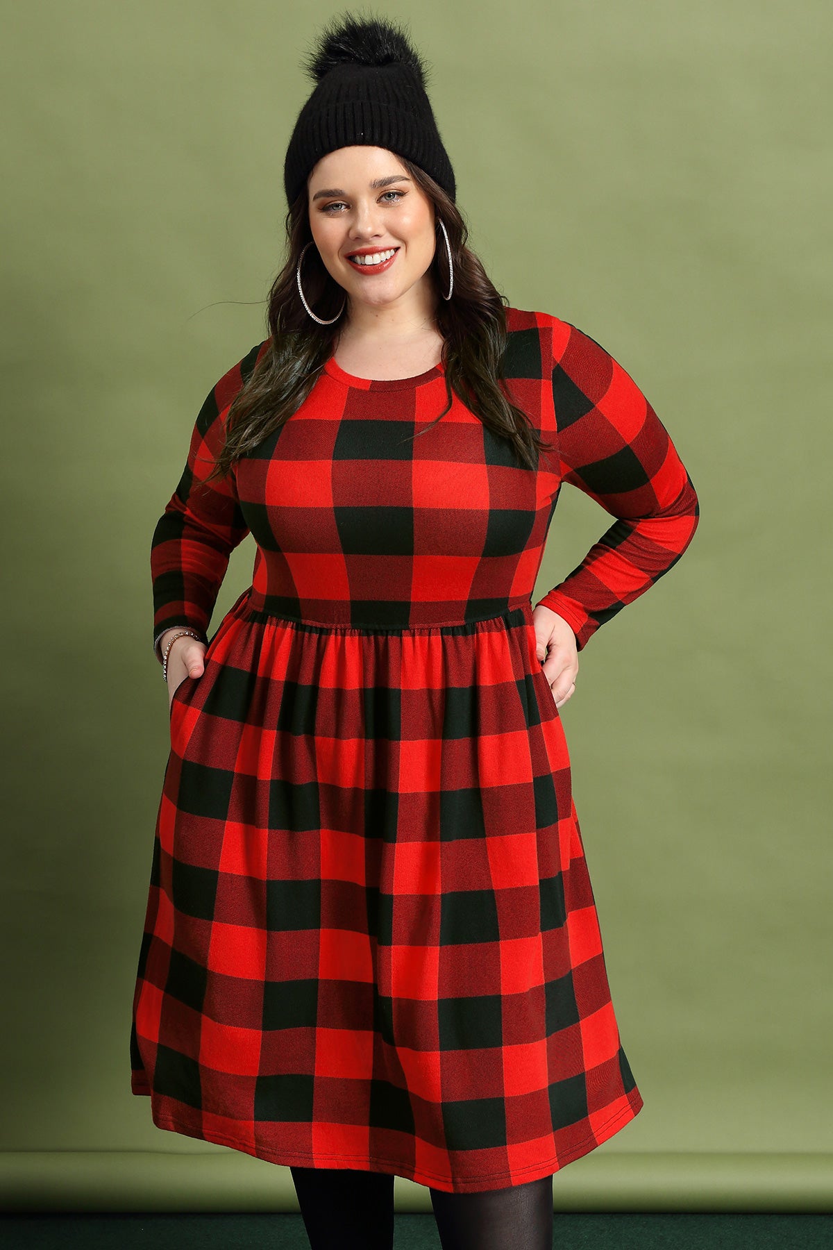 Christmas Crew Neck Plaid Elastic Waist Midi Dress