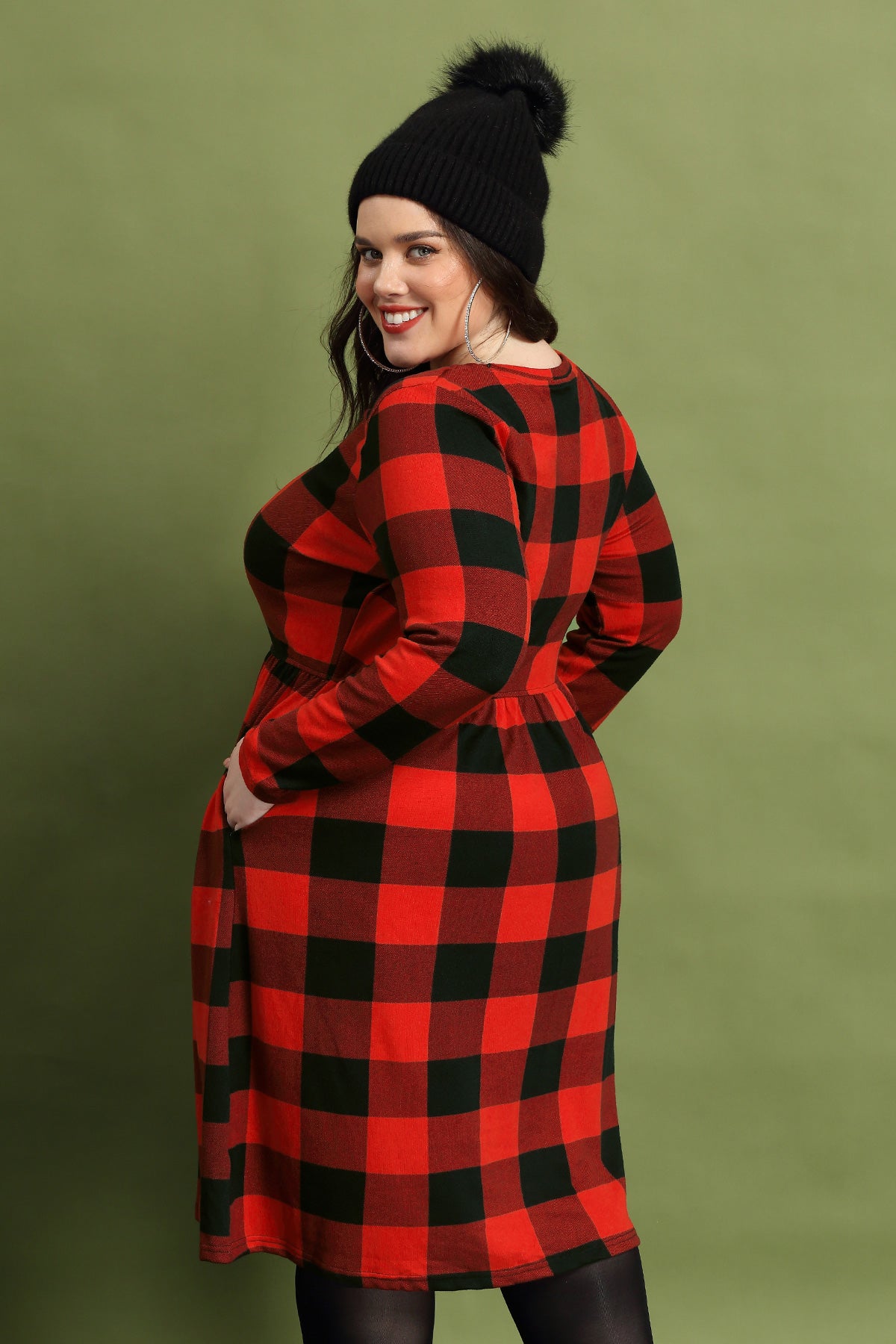 Christmas Crew Neck Plaid Elastic Waist Midi Dress