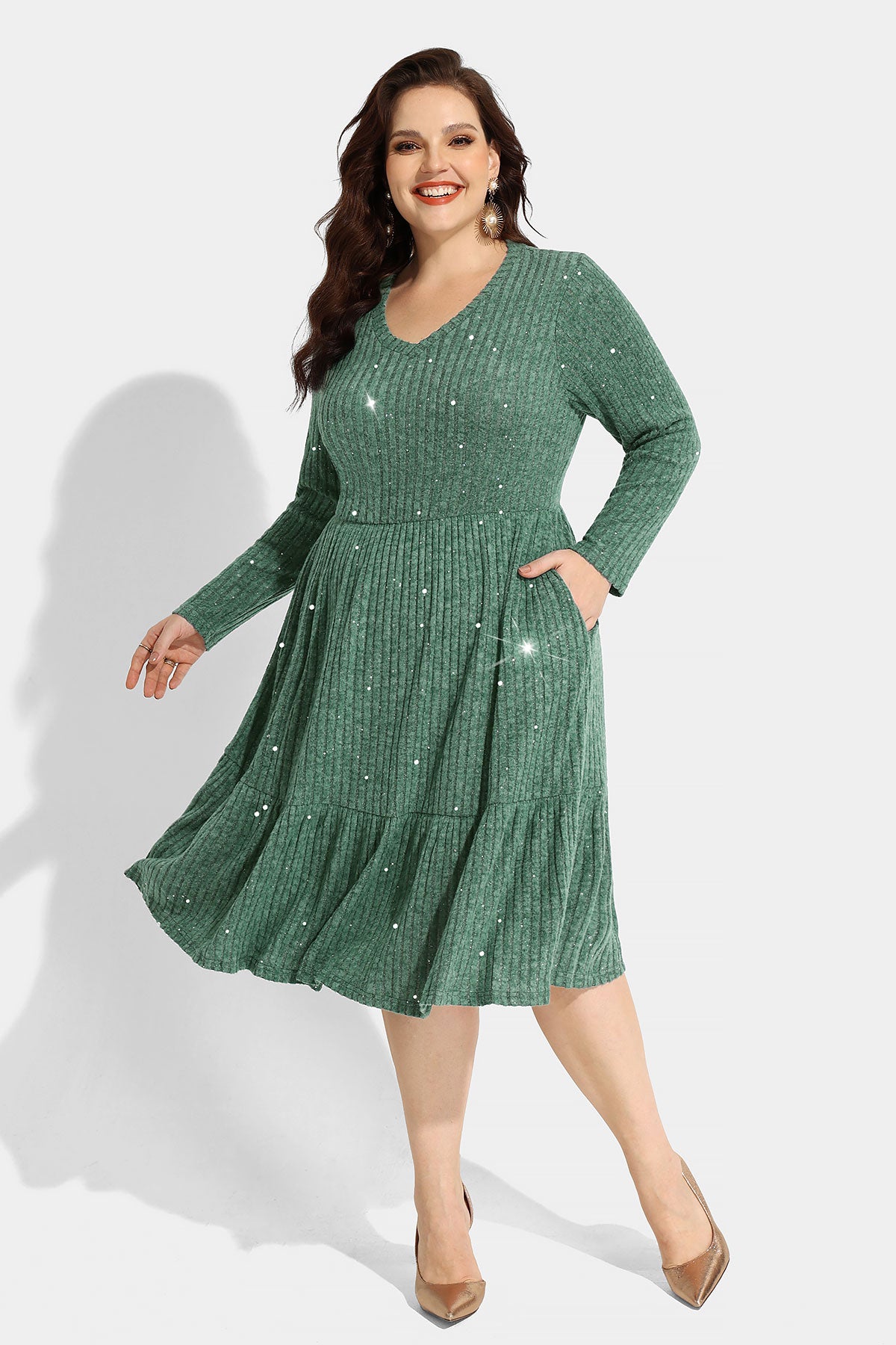 Ritera Pocket Solid Sequin Ruffle Hem Knit Midi Dress