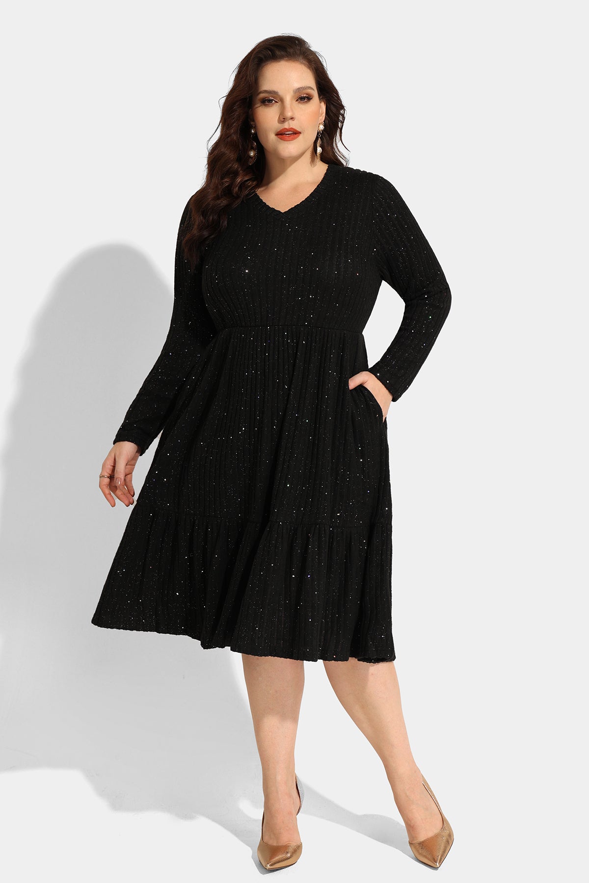 Ritera Pocket Solid Sequin Ruffle Hem Knit Midi Dress