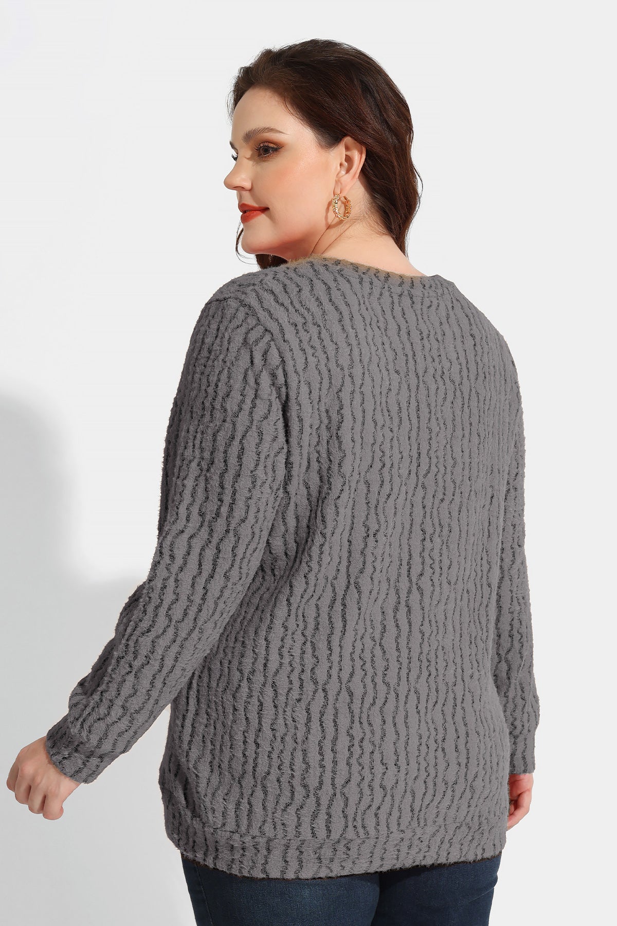 Texture V Neck Knit Velvet Long Sleeve Pullover Sweater