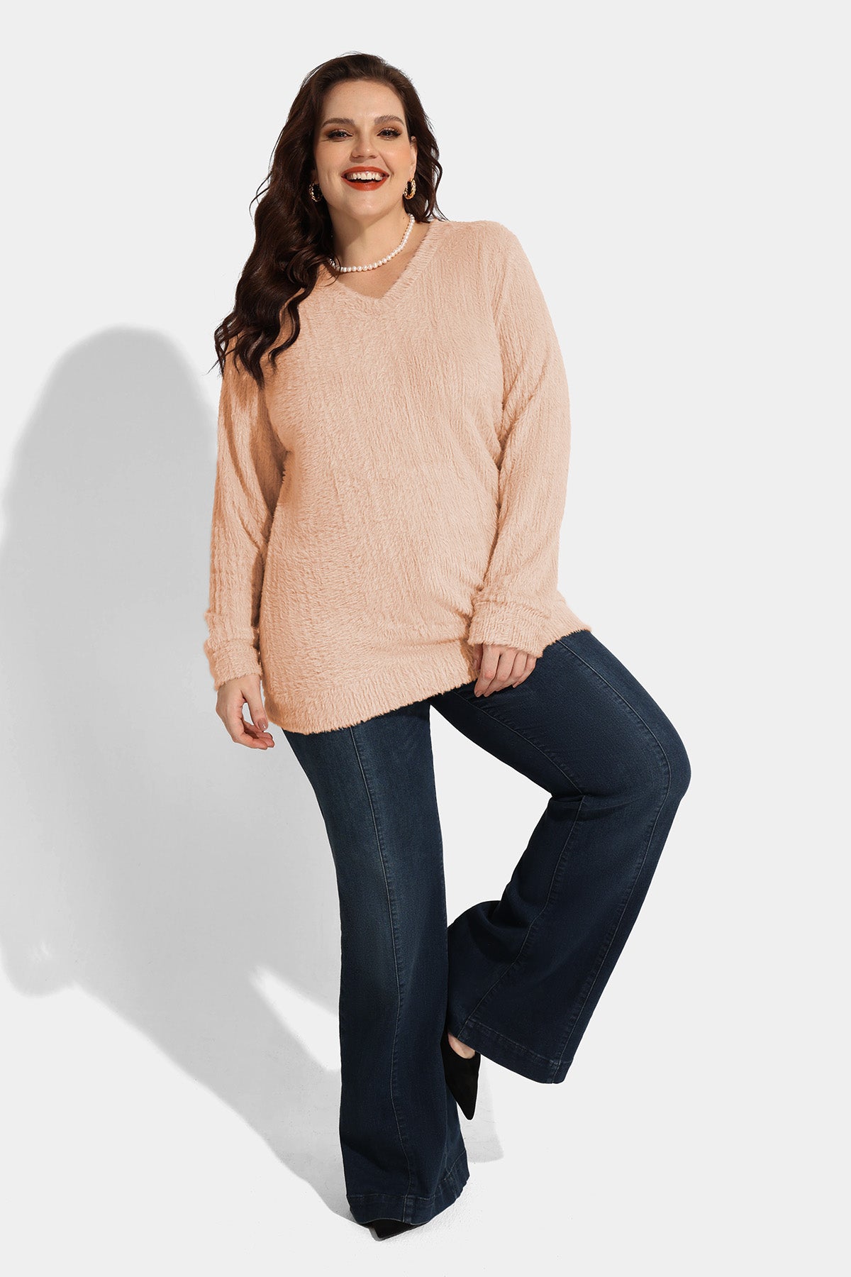 Texture V Neck Knit Velvet Long Sleeve Pullover Sweater