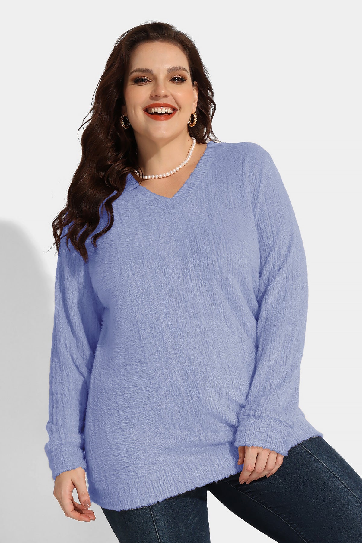 Texture V Neck Knit Velvet Long Sleeve Pullover Sweater