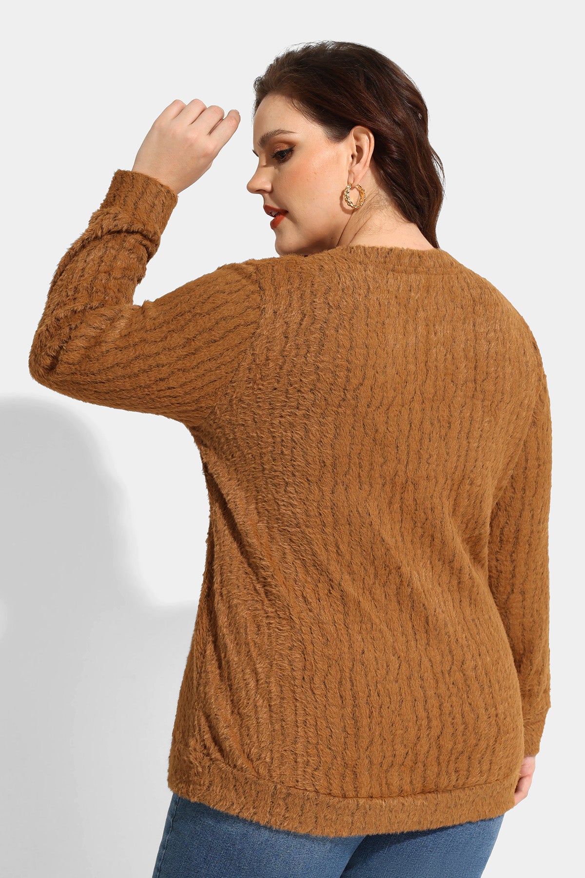 Texture V Neck Knit Velvet Long Sleeve Pullover Sweater