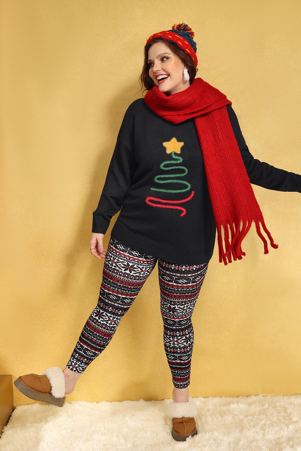 Christmas Lined Print Crewneck Woolen Sweater