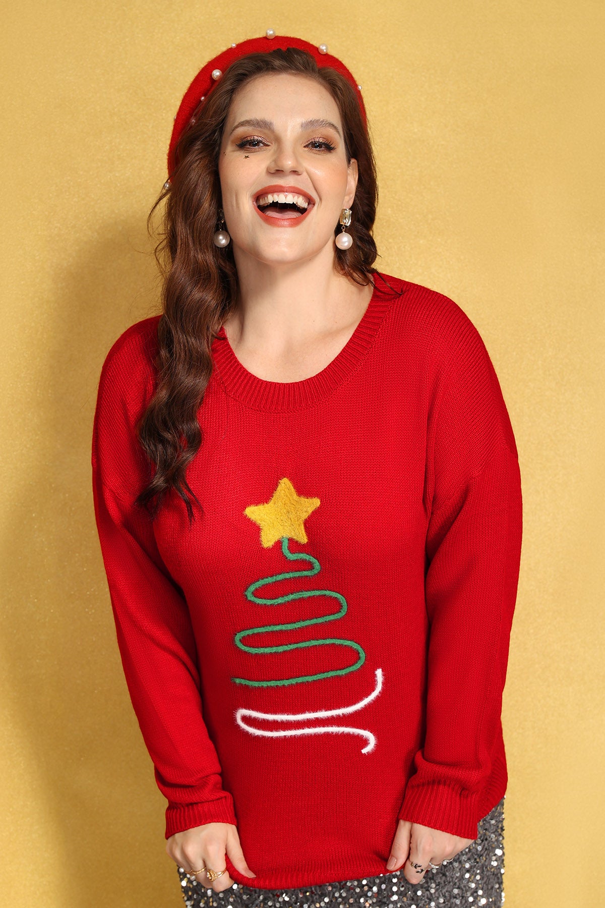 Christmas Lined Print Crewneck Woolen Sweater