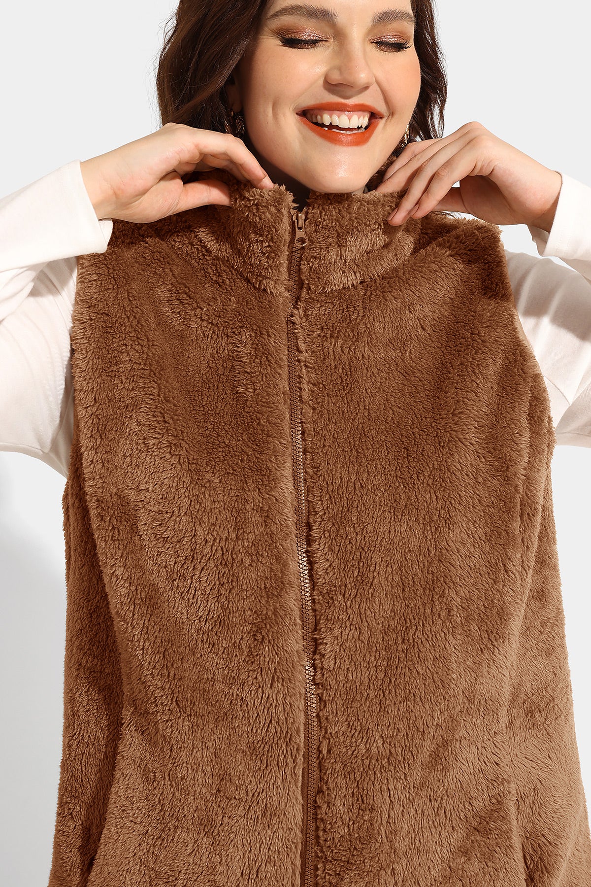 Plain Zipper Up Pocket Cashmere Vest Coat