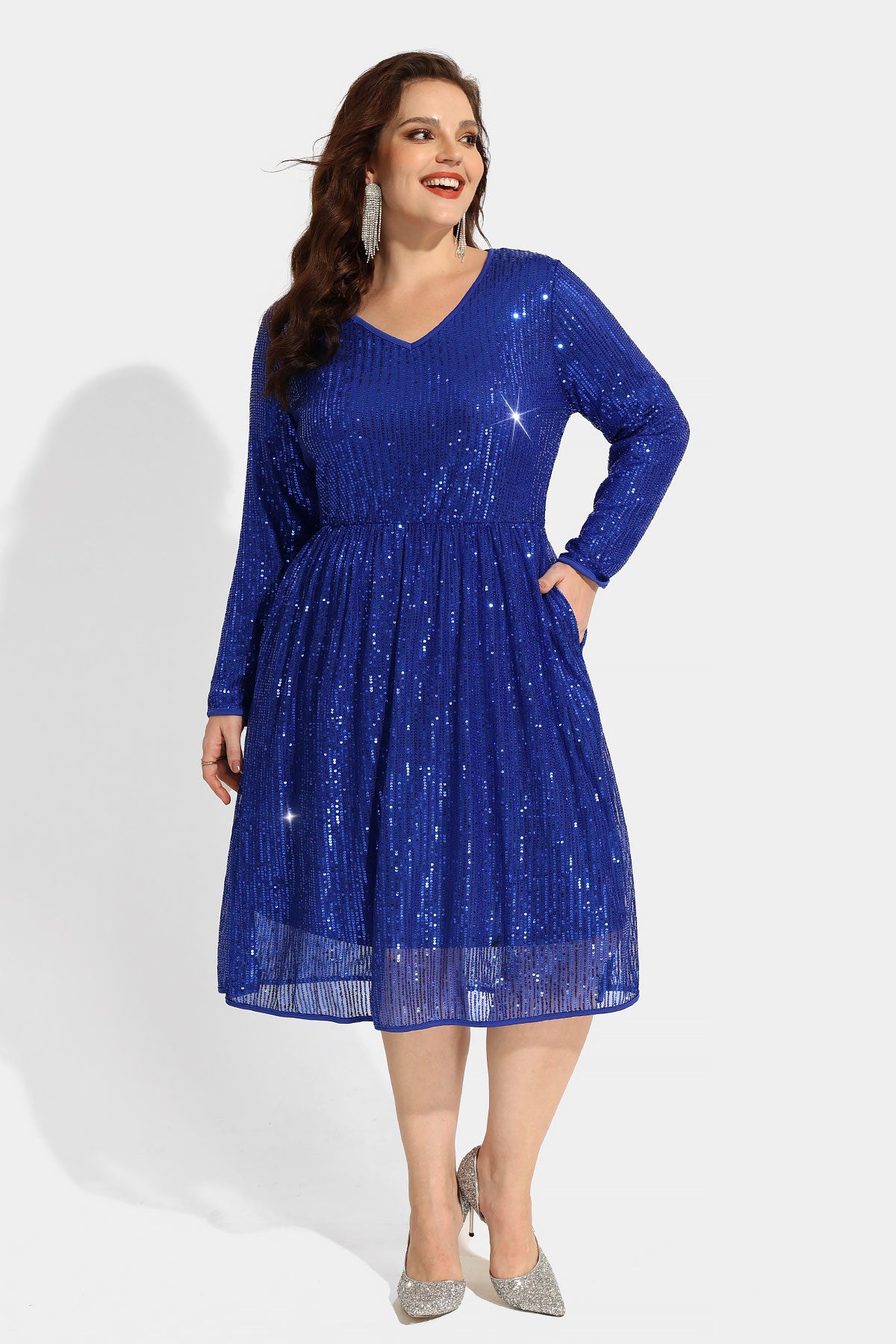 Sequin Sparkle Mesh Hollow Out Pocket Midi Dress