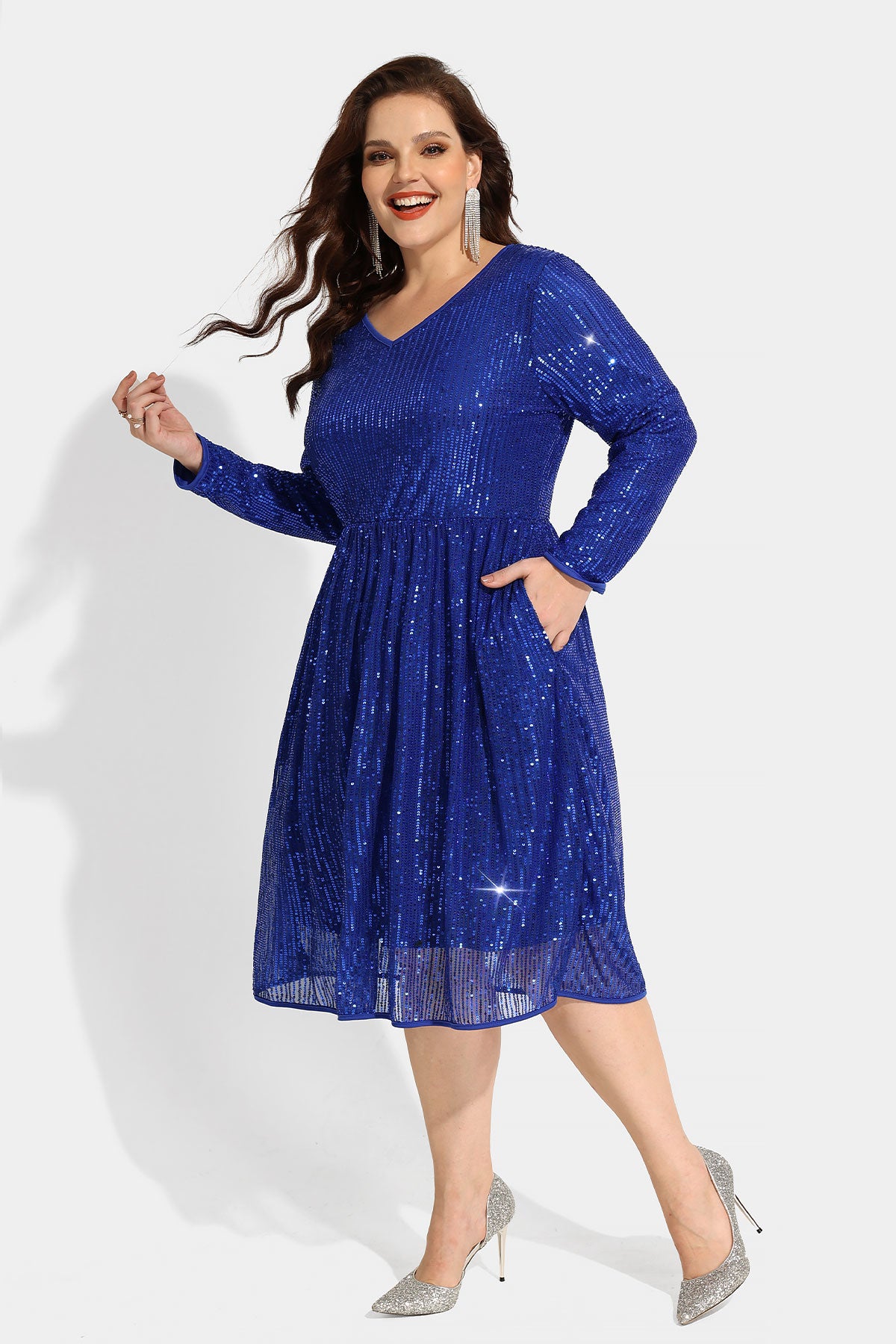 Sequin Sparkle Mesh Hollow Out Pocket Midi Dress