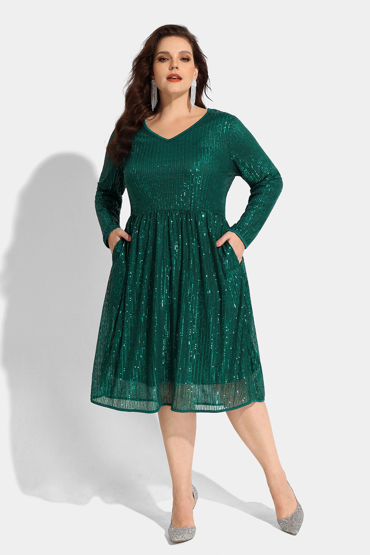 Sequin Sparkle Mesh Hollow Out Pocket Midi Dress