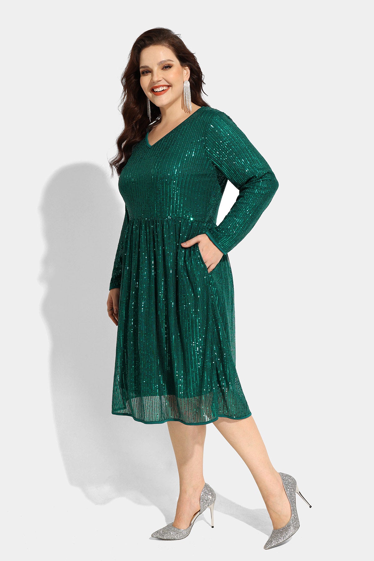 Sequin Sparkle Mesh Hollow Out Pocket Midi Dress