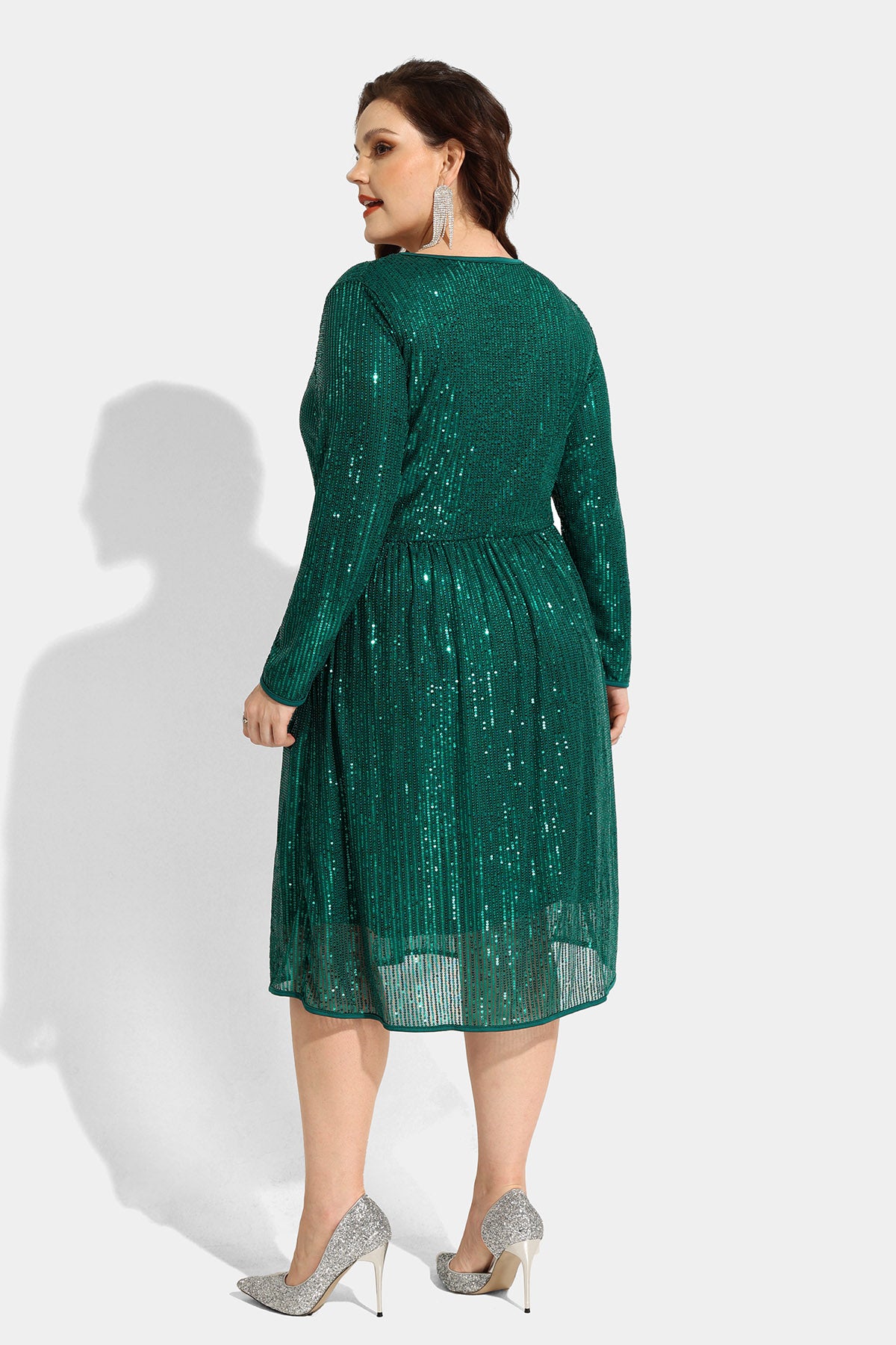 Sequin Sparkle Mesh Hollow Out Pocket Midi Dress