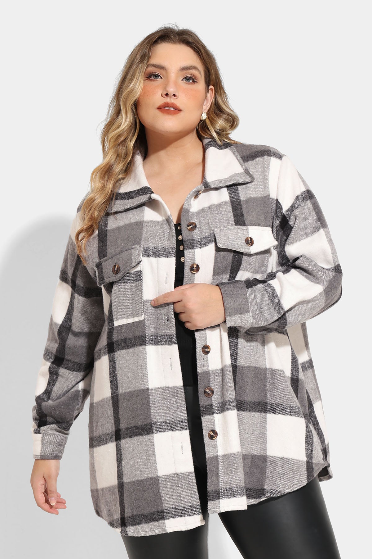 Pocket Plaid Patchwork Button Down Flanner Blouse