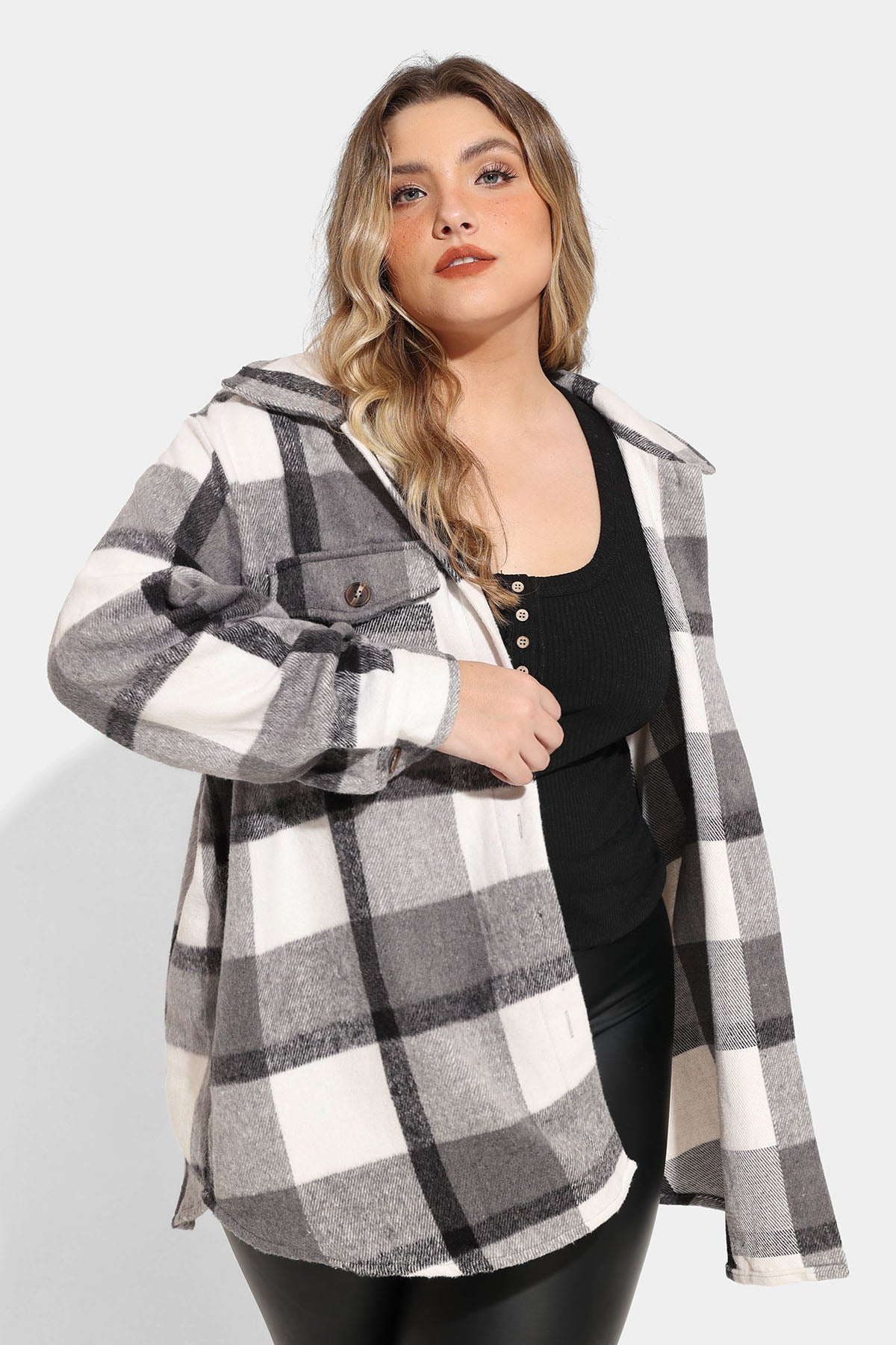 Pocket Plaid Patchwork Button Down Flanner Blouse