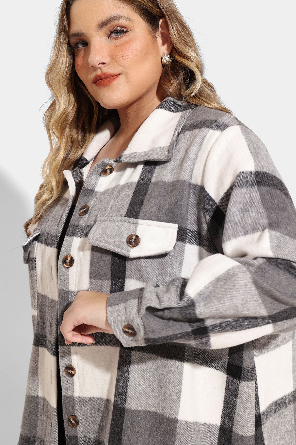 Pocket Plaid Patchwork Button Down Flanner Blouse