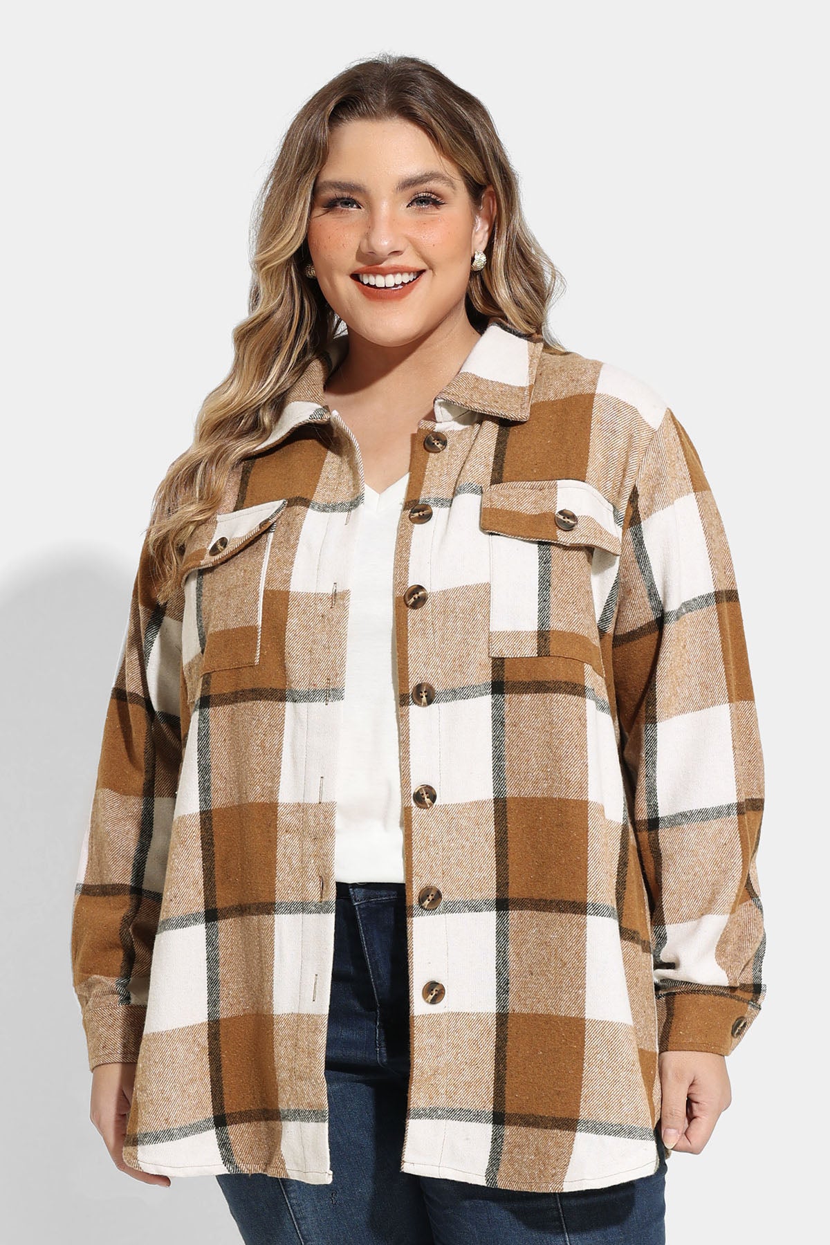 Pocket Plaid Patchwork Button Down Flanner Blouse