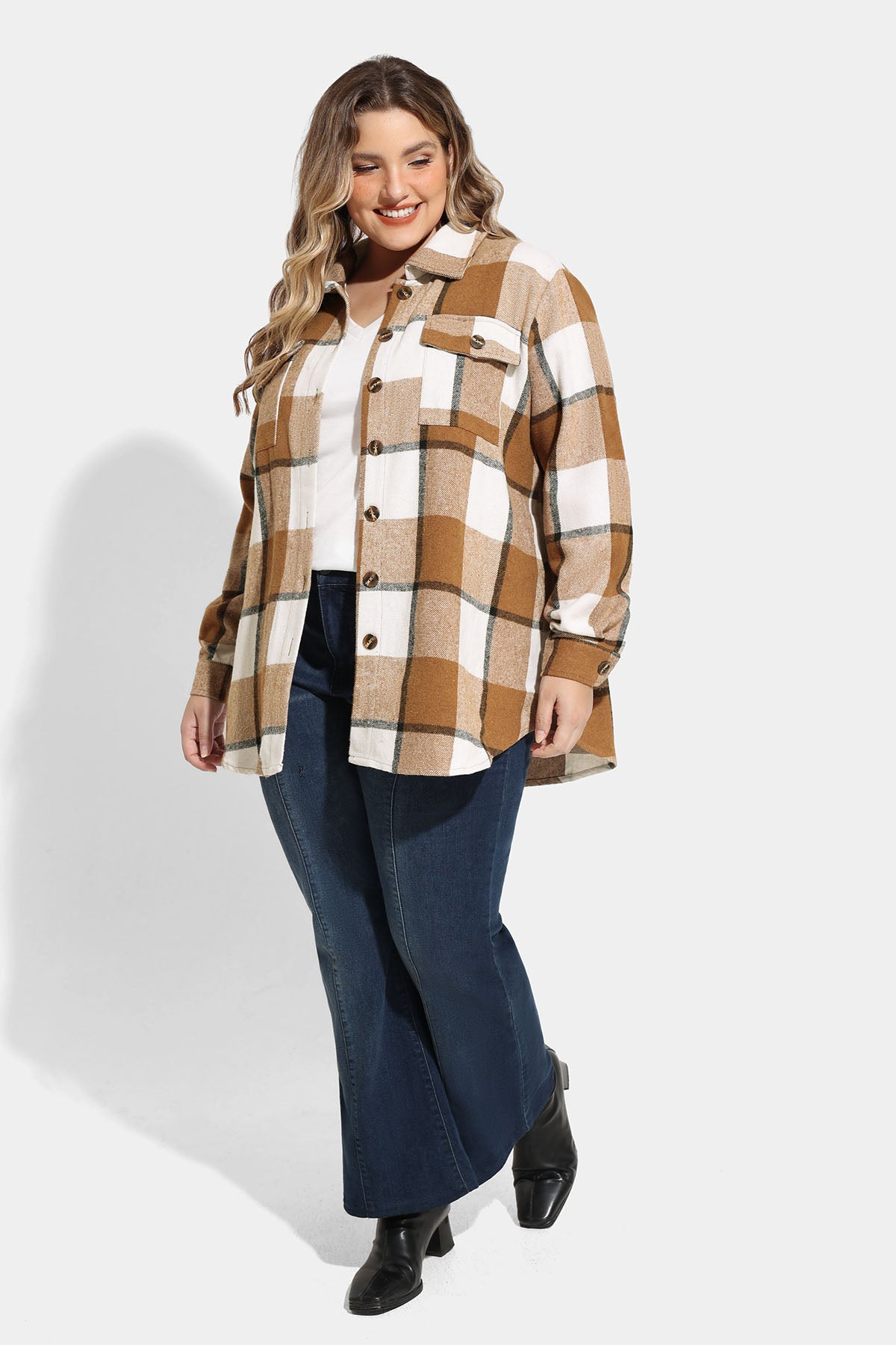 Pocket Plaid Patchwork Button Down Flanner Blouse