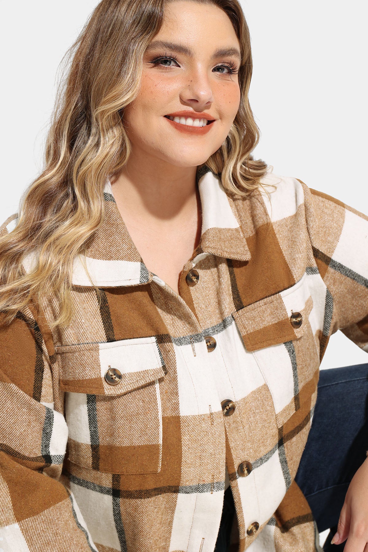 Pocket Plaid Patchwork Button Down Flanner Blouse