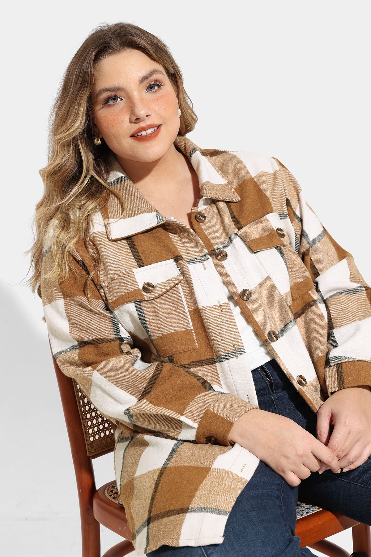 Pocket Plaid Patchwork Button Down Flanner Blouse