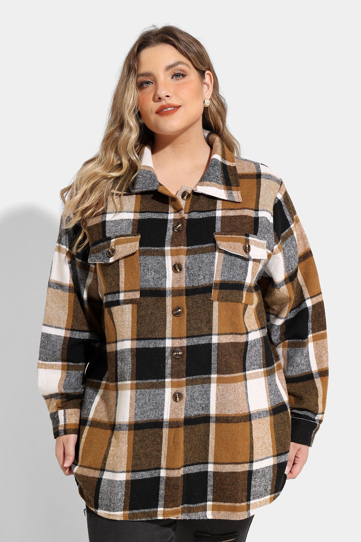 Pocket Plaid Patchwork Button Down Flanner Blouse