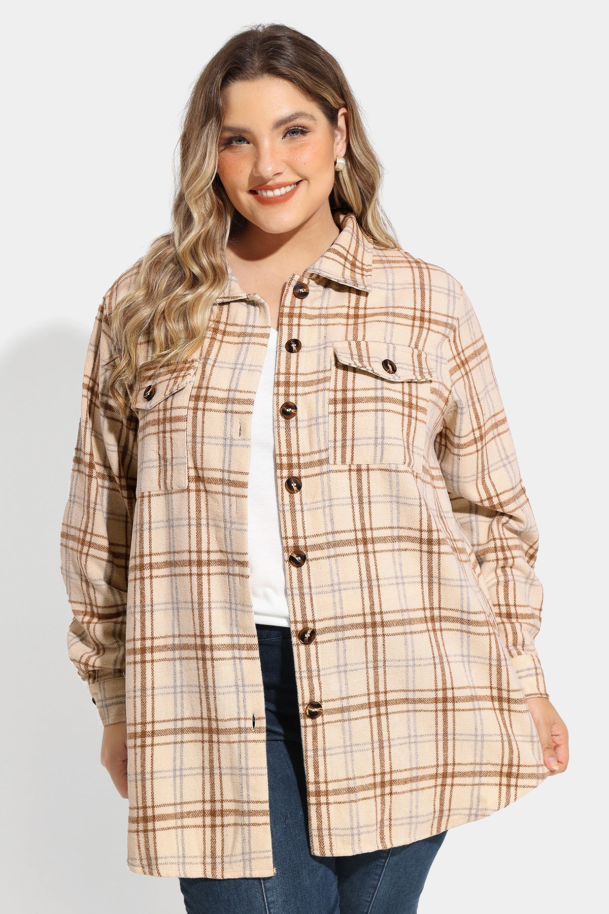 Pocket Plaid Patchwork Button Down Flanner Blouse