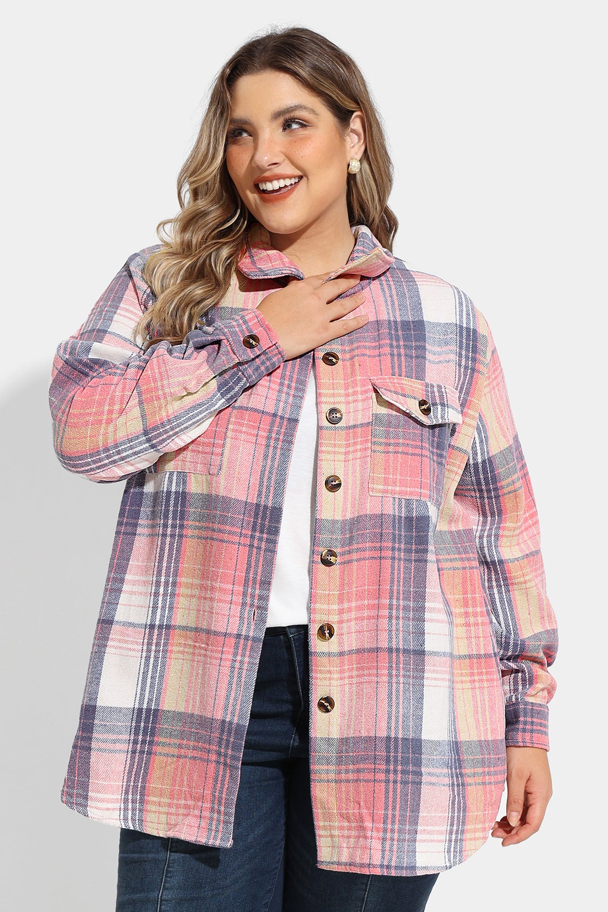 Pocket Plaid Patchwork Button Down Flanner Blouse