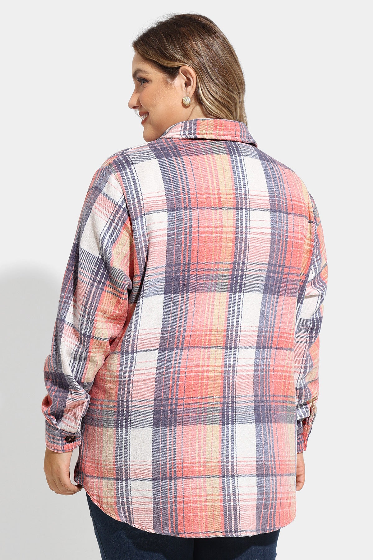 Pocket Plaid Patchwork Button Down Flanner Blouse