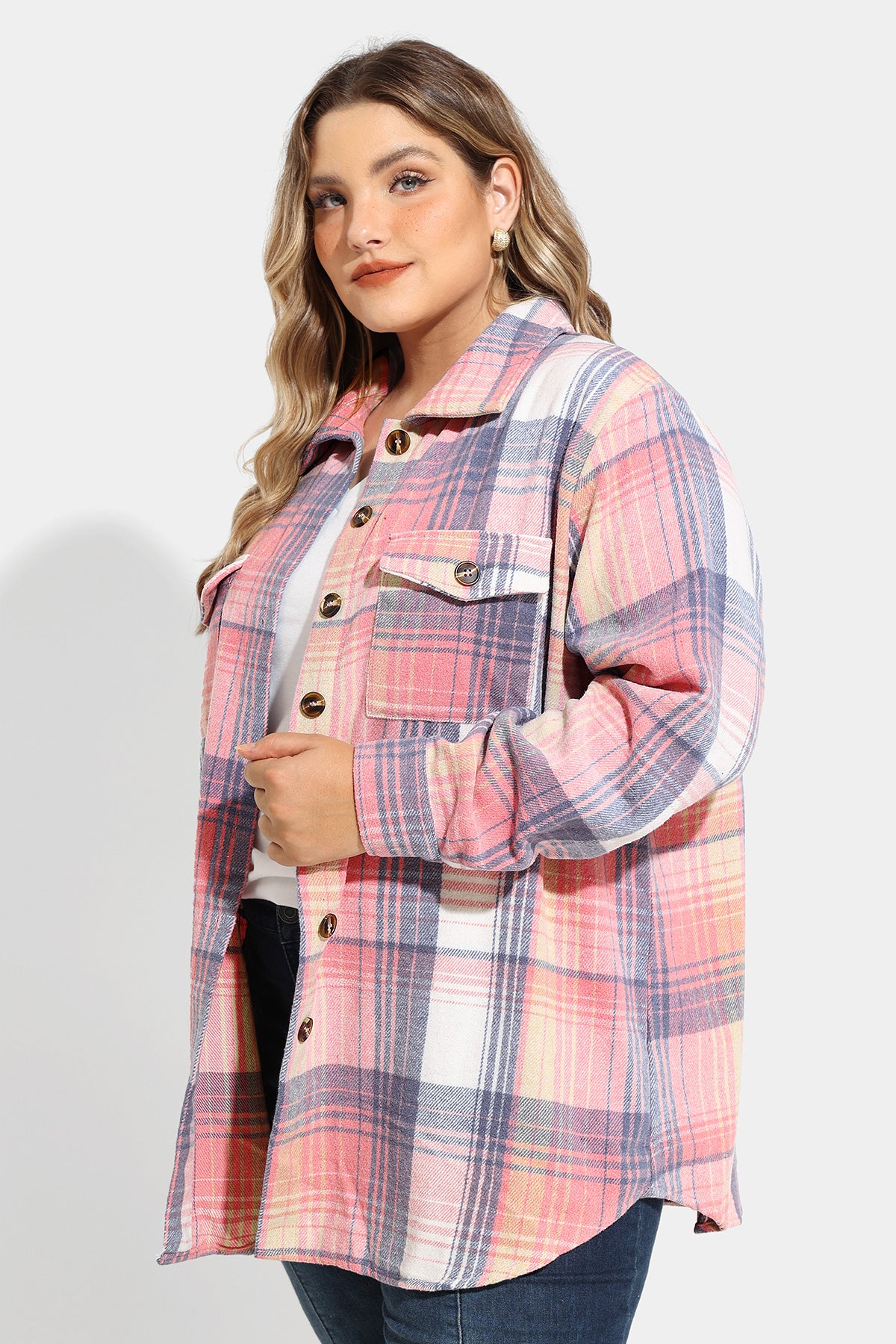 Pocket Plaid Patchwork Button Down Flanner Blouse