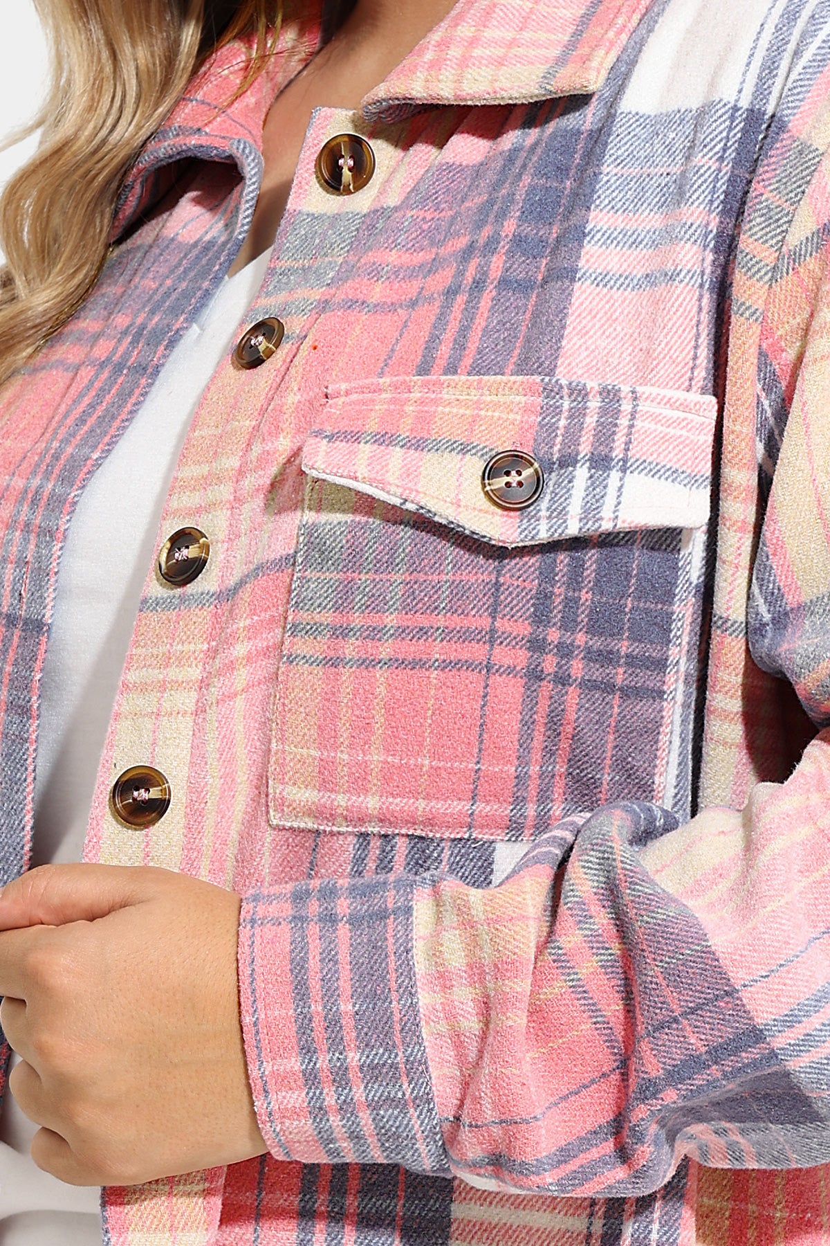 Pocket Plaid Patchwork Button Down Flanner Blouse