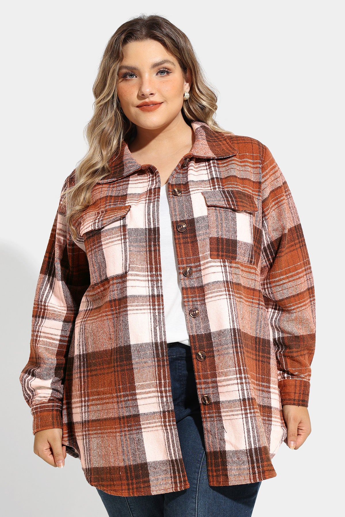 Pocket Plaid Patchwork Button Down Flanner Blouse