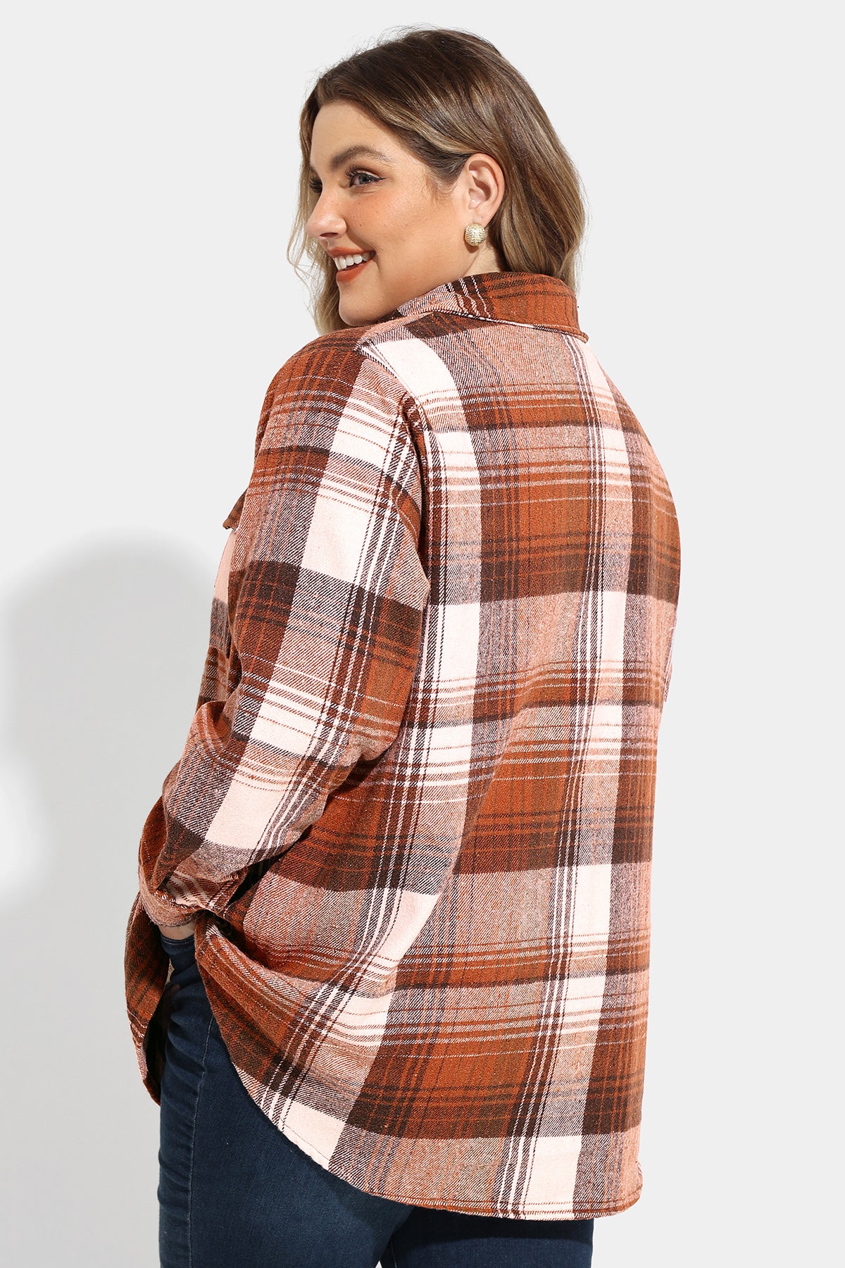 Pocket Plaid Patchwork Button Down Flanner Blouse