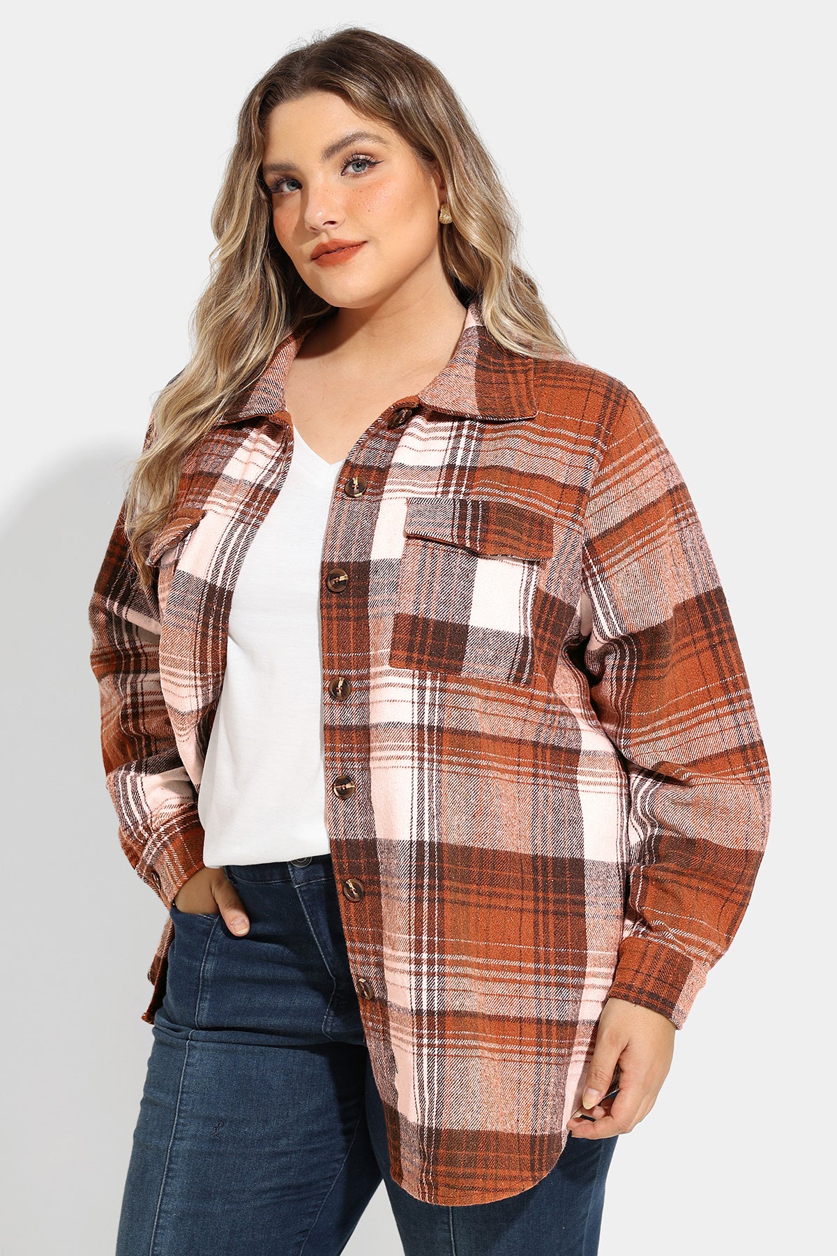 Pocket Plaid Patchwork Button Down Flanner Blouse