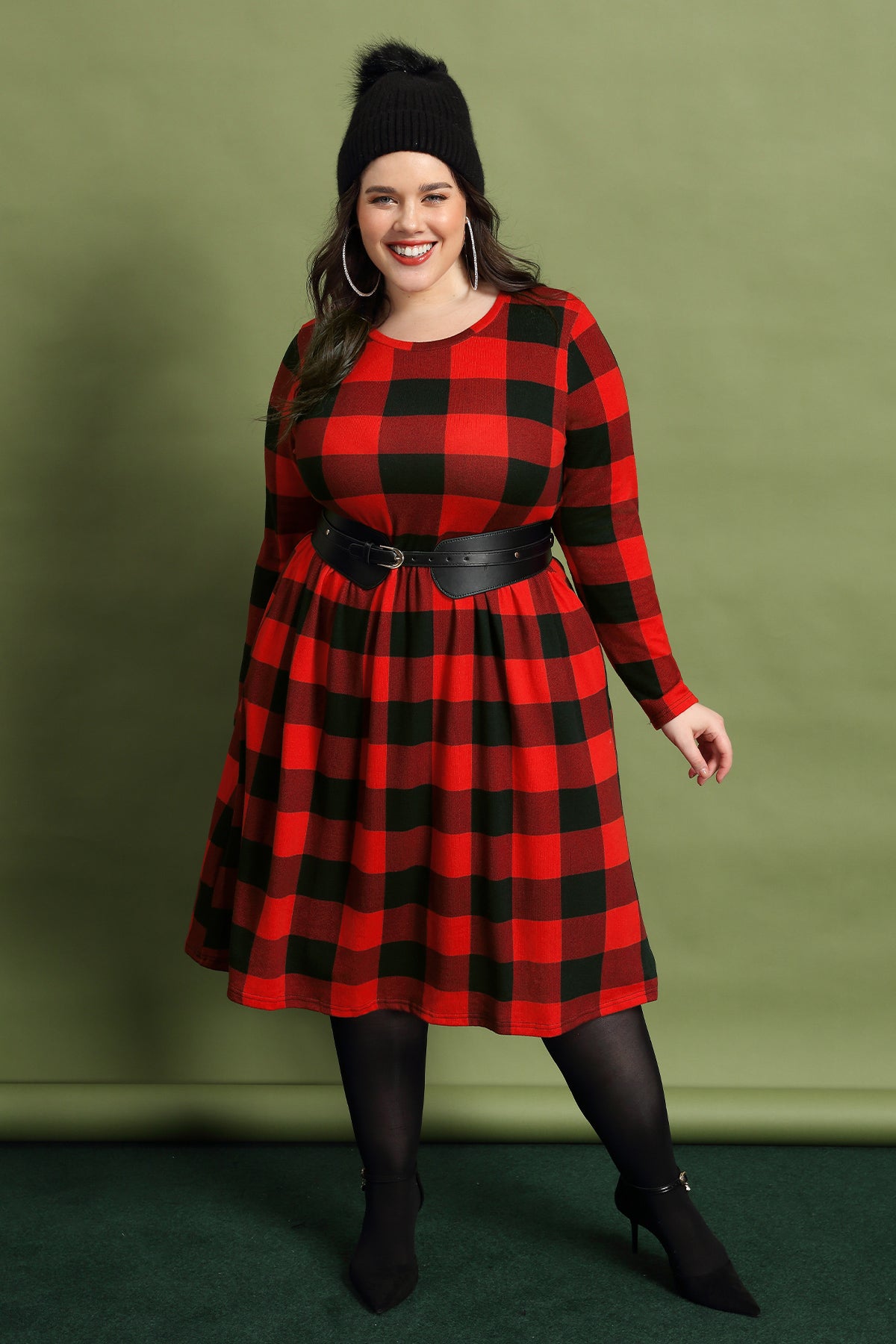 Christmas Crew Neck Plaid Elastic Waist Midi Dress