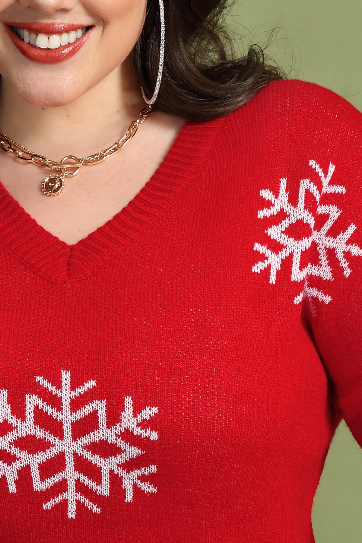 Snowflake Print V-neck Woolen Sweater