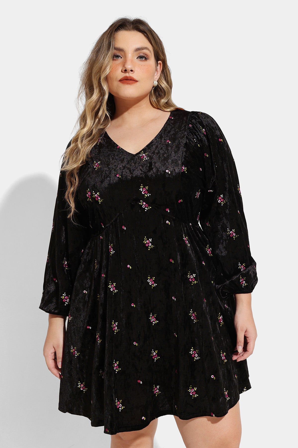 Pocket Velvet Floral Print Lantern Sleeve Mini Dress