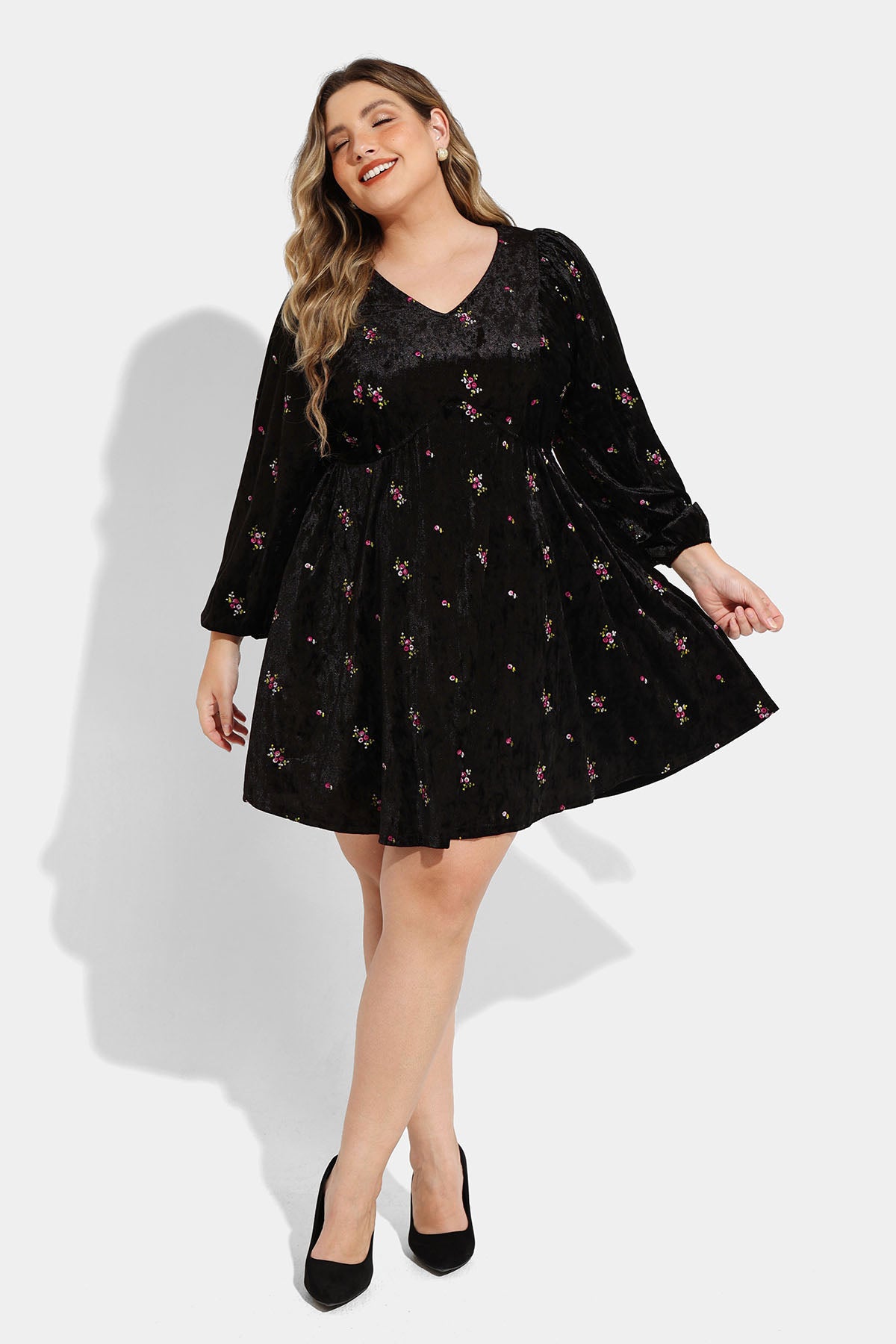 Pocket Velvet Floral Print Lantern Sleeve Mini Dress