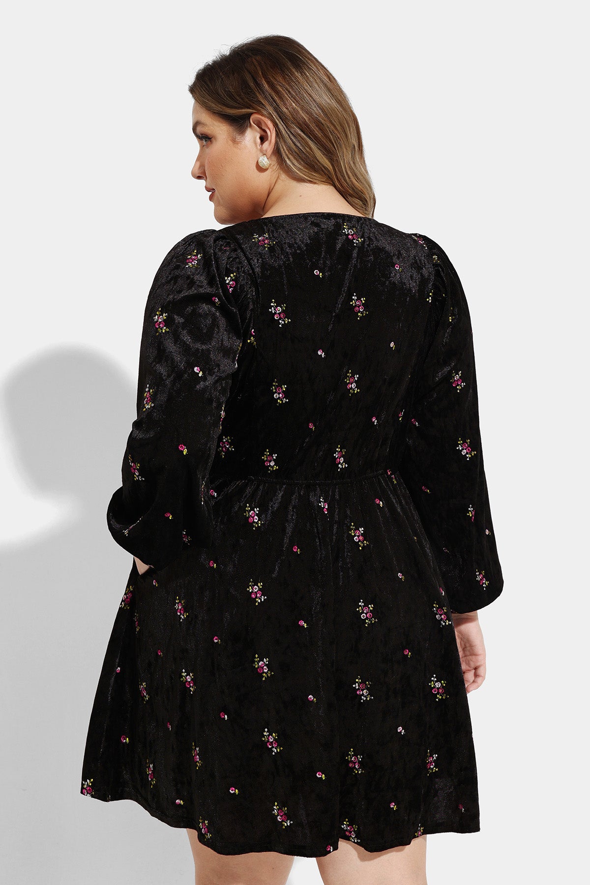 Pocket Velvet Floral Print Lantern Sleeve Mini Dress