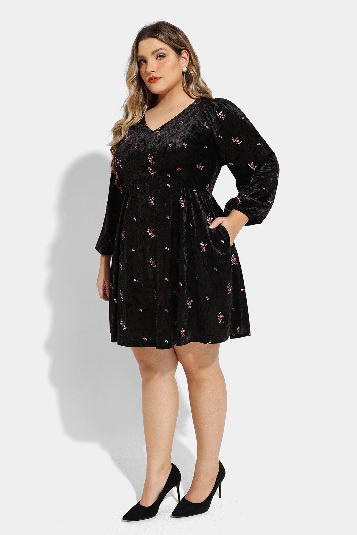 Pocket Velvet Floral Print Lantern Sleeve Mini Dress