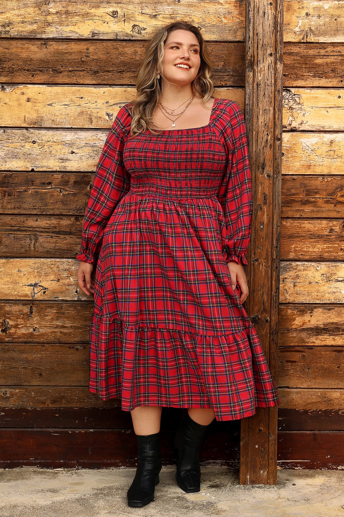 Ritera Pocket Plaid Square Neck Shirred Midi Dress