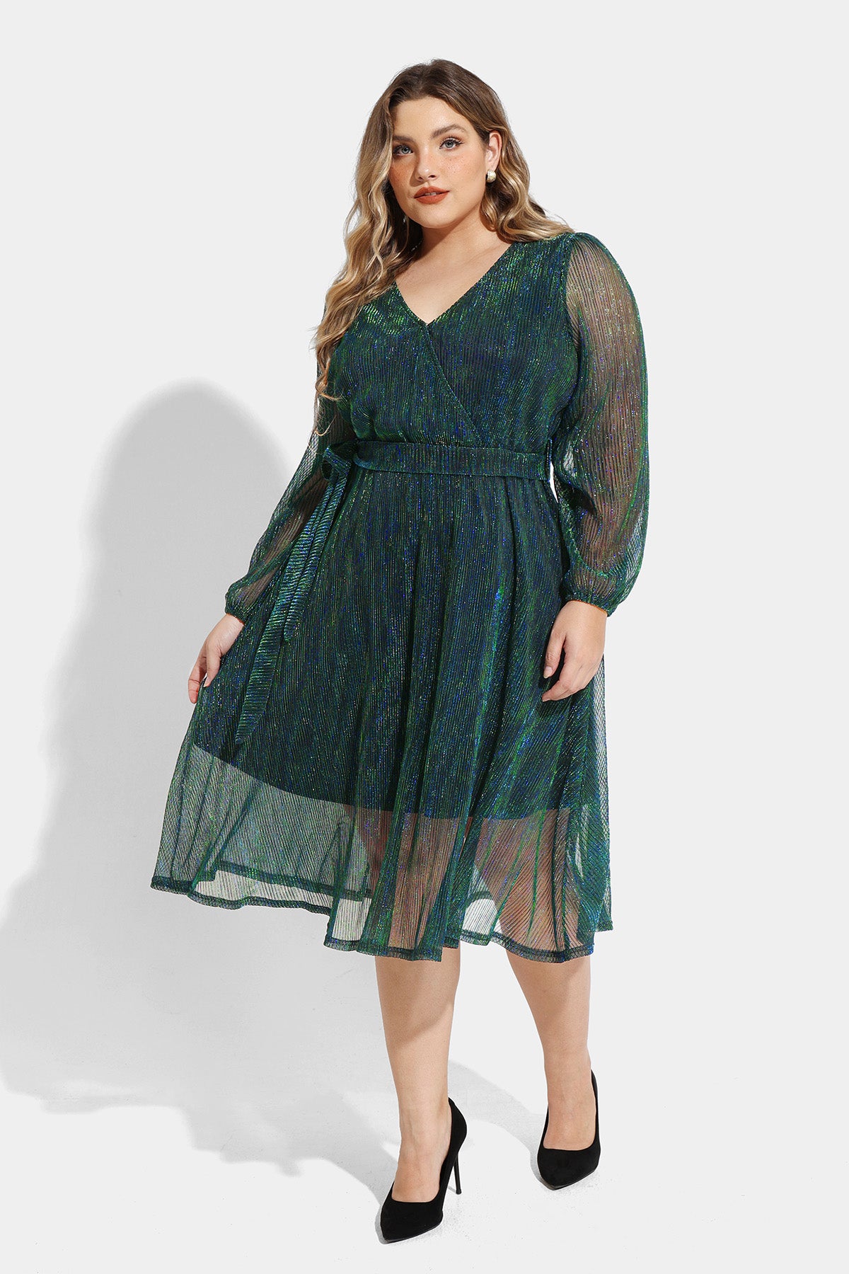 Sequin Mesh Surplice Neckline Midi Dress